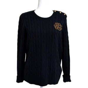 Lauren Ralph Lauren Black Label Cable Knit Sweater Monogram Black Womens Size XL